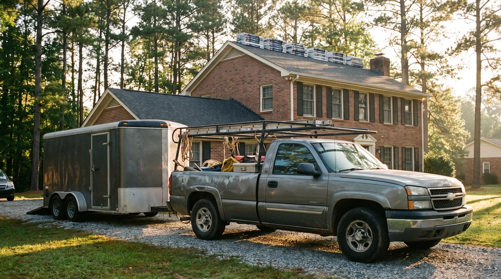 Roofing crew truck and enclosed trailer in the driveway of a brick home in Greer, SC