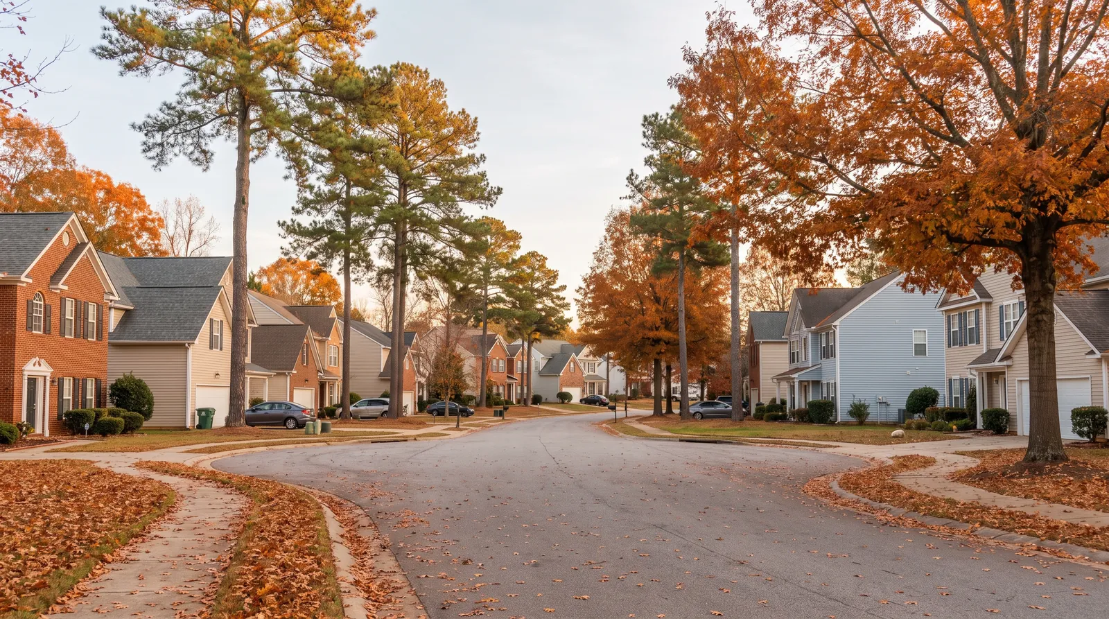Residential street in Greer, SC in autumn with brick-front and vinyl-sided homes under tall pines