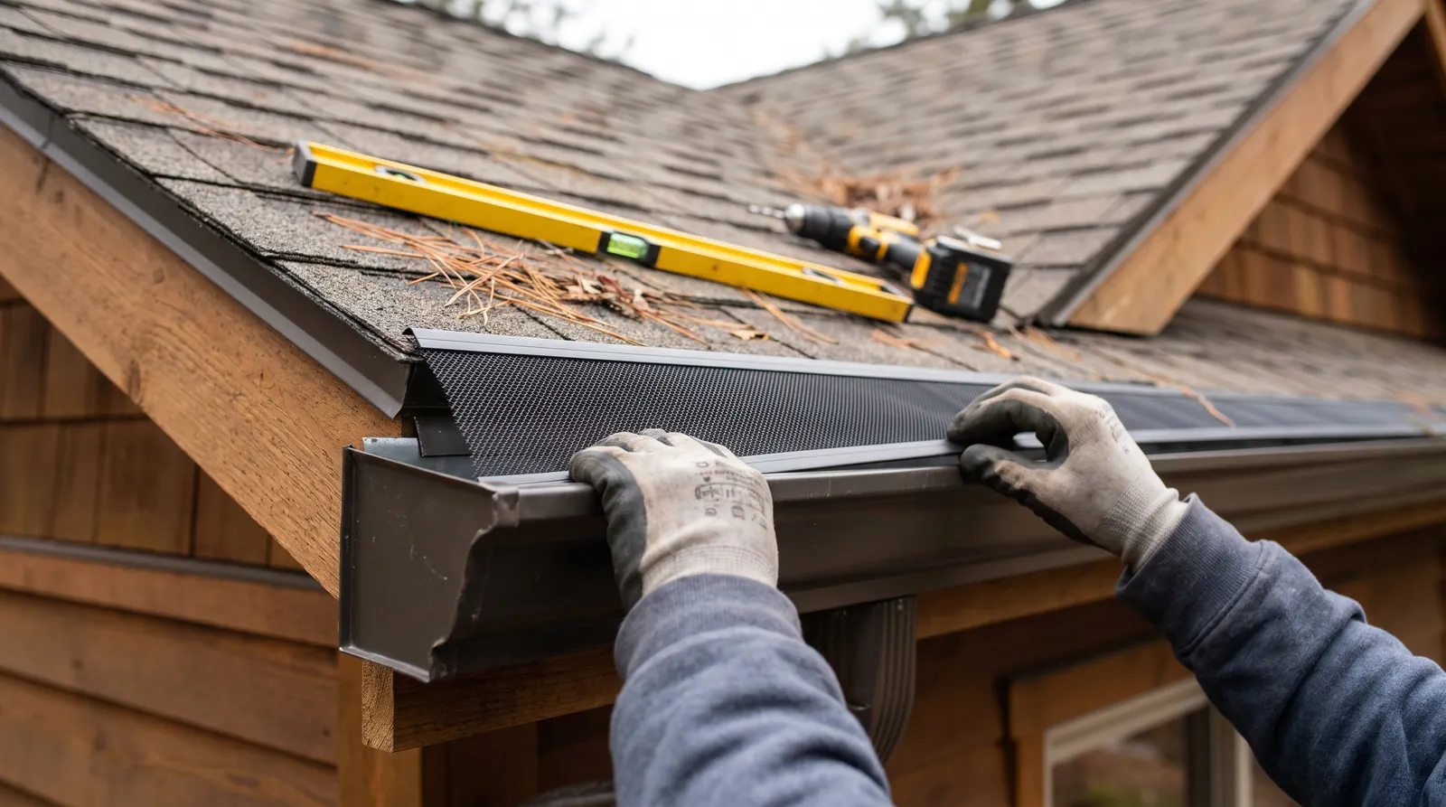Micro-mesh gutter guards being installed on new dark bronze seamless gutters