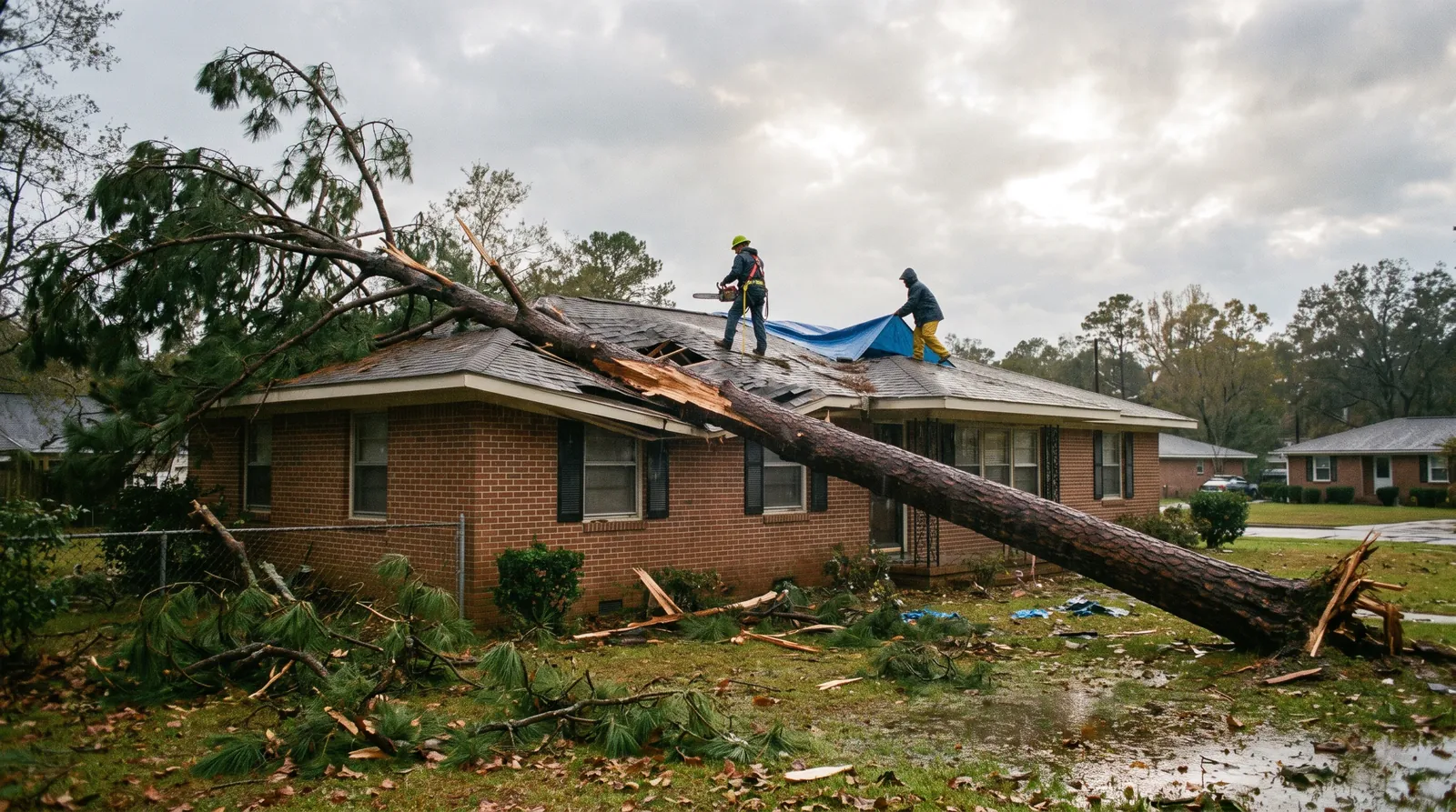 Pine tree down across a brick ranch roof after Hurricane Helene, crew cutting the trunk and tarping