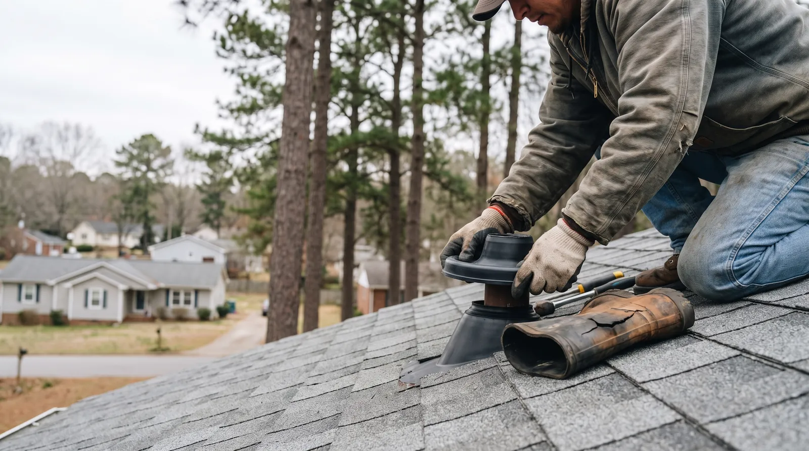 Roofer replacing a cracked pipe boot on a shingle roof in a pine-shaded Greer neighborhood