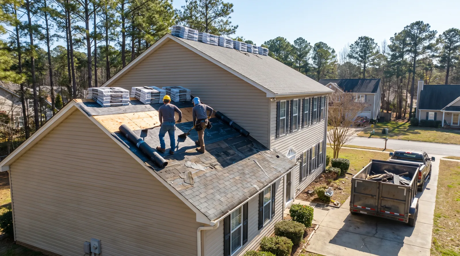 Roof replacement in progress on a 1990s two-story home in Greer with new pewter-gray shingles staged on the ridge