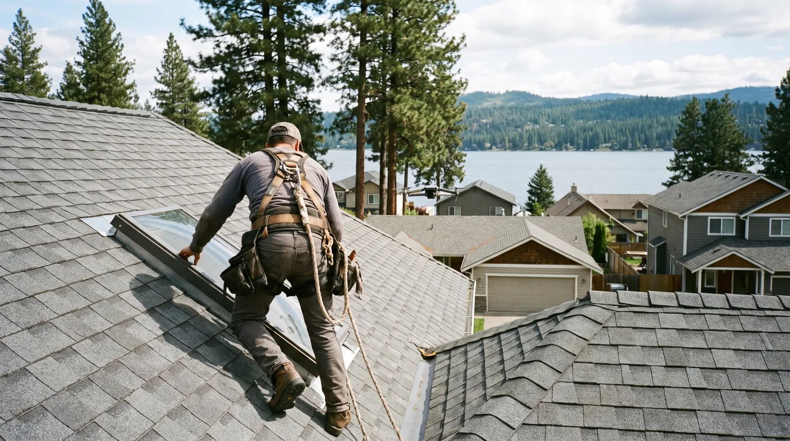 Roofer in a harness inspecting a valley and skylight flashing with a drone hovering nearby
