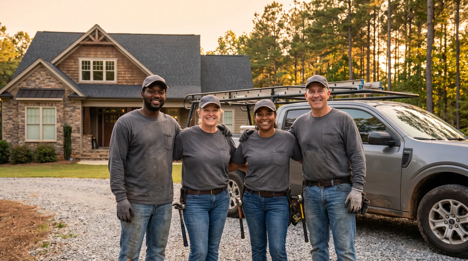 The Greer Roof Pros crew in front of their truck and a craftsman home with a new roof