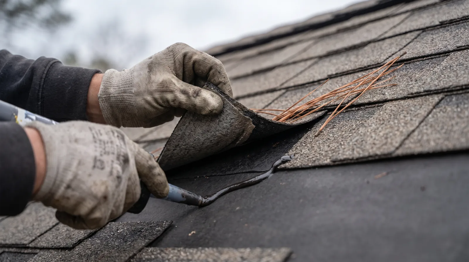 Roofer resealing a wind-lifted shingle tab with pine needles in the course above